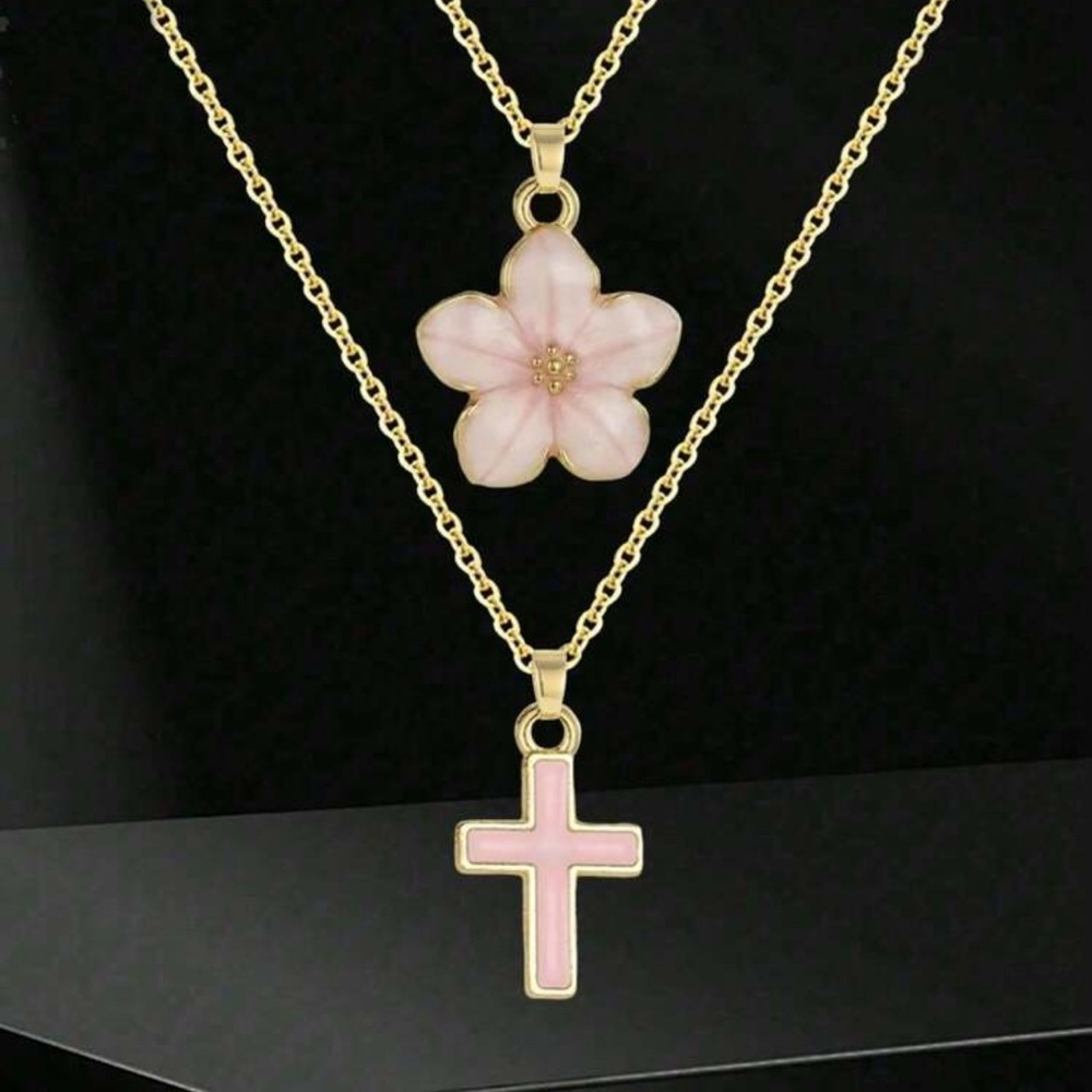 Chic Gold Necklace with Pink Flower and Cross Pendants